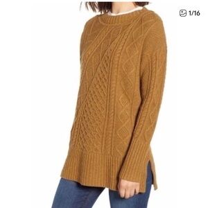 J. Crew Wool Blend Patchwork Cable Knit Tunic Sweater Sz Small Capsule Tan Camel